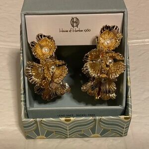 House of Harlow 3Dflowers hoop earrings gold tone 2.2” lead safe Nickel free
